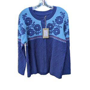 NWT L Large Gudrun Sjoden Blue Floral Wool Cardigan Sweater Rosendale Lagenlook